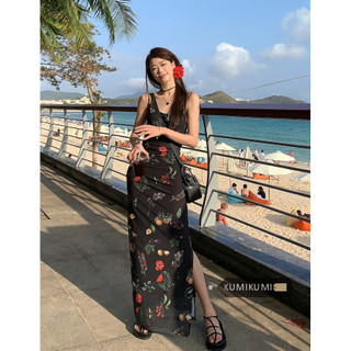 kumikumi Mới Hàn Quốc Nữ Cay Cô Gái Mảnh Hoa Ôm Vừa Vặn Cổ Vuông Dây Đeo