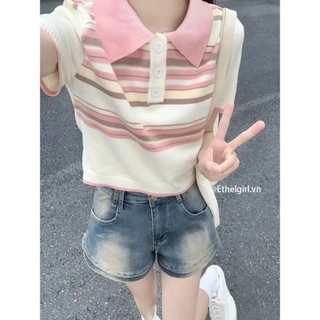 Ethelgirl Hàn Quốc Tương Phản Sọc Thời Trang Cổ POLO Áo Thun Nữ Quần Áo Thường Ngày Tất Cả Trận Đấu Slim Top