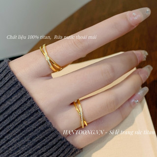 Nhẫn nữ bằng titan cao cấp không gỉ mạ vàng 24k thiết kế đan chéo nạm đá lấp lánh thời trang hàn quốc