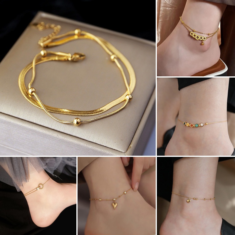 Lắc Chân Hai Lớp Bằng Thép Không Gỉ Mạ Vàng 18k Thiết Kế Đơn Giản Thời Trang