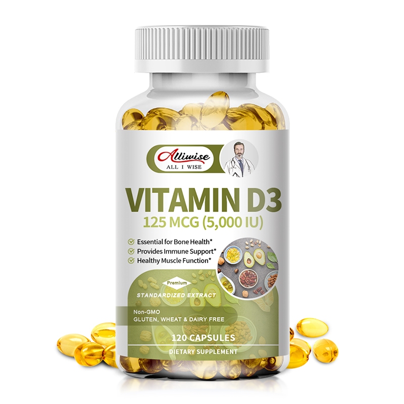 Alliwise Vitamin D3 5000 IU (125 mcg) Bổ sung chế độ ăn kiêng Hỗ trợ xương, miễn dịch, răng, cơ bắp &amp; sức khỏe thần kinh