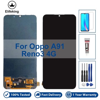 Màn hình lcd đã được kiểm tra 6,4 "100% cho oppo a91 / reno3 màn hình lcd 4g bộ số hóa cảm ứng cph2043, cph2001, cph2021 màn hình cảm ứng lắp ráp không có điểm ảnh chết với các công cụ miễn phí + kính cường lực