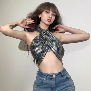 Klalien Áo kiểu crop top cổ yếm đắp chéo đính kim sa ghép nối lấp lánh thời trang quyến rũ dành cho nữ