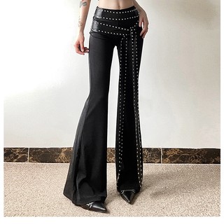 Cutenew Y2K Đinh Tán Thiết Kế Thắt Lưng loe Quần Nữ Thời Trang Sang Trọng Phong Cách Đường Phố Thoáng Mát Quần Eo Cao
