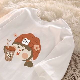 Áo thun họa tiết bé gái dễ thương Áo thun nữ cổ tròn mới đa năng 100% cotton