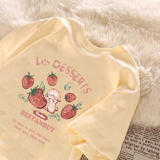 Áo thun họa tiết dâu tây Áo thun nữ cổ tròn mới đa năng 100% cotton