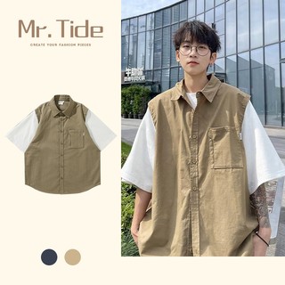 Mùa hè retro màu xanh hải quân giả áo sơ mi hai mảnh tay ngắn dáng rộng hình bóng Nhật Bản áo nửa tay chặn màu