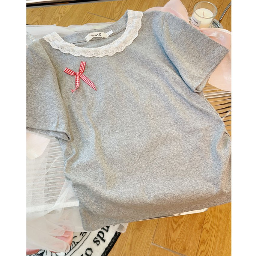 áo baby tee Nơ ba chiều tự làm, áo thun nữ cổ tròn ngắn tay, dáng ôm cô gái ngọt ngào, hiệu ứng giảm béo, áo thun, chiều dài eo, phong cách ngắn