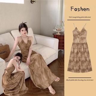 Váy Nữ Mới Phong Cách Trung Hoa Cổ Chữ v Đầm Mùa Hè Eo Lưng Gợi Cảm Váy Dài Thanh Lịch Và Gợi Cảm Thiết Kế Chữ Thập Màu Cà Phê Váy Chữ A