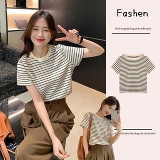 Áo Thun Ngắn Tay Họa Tiết Kẻ Sọc Phong Cách Hàn Quốc Thời Trang Cho Nữ