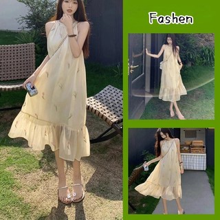 Váy nữ, váy treo, váy midi phong cách nghỉ mát thanh lịch kiểu Pháp, váy in hình lệch vai cổ tròn