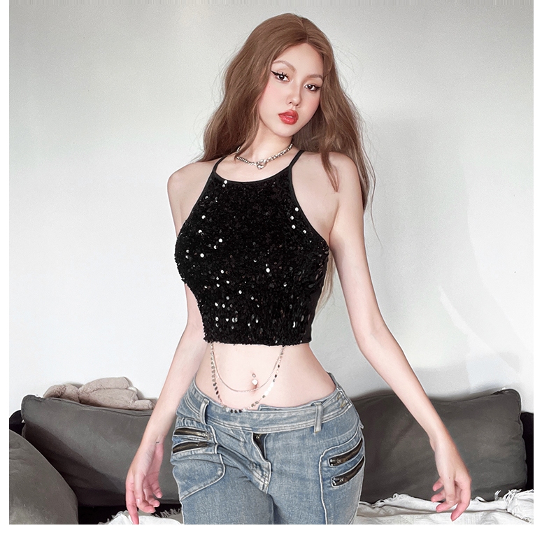 Klalien Mùa Hè Mới Nữ Hot Girl Blingbling Dây Đeo Xe Tăng Nhỏ Top Dây Xích Cao Cấp Ngắn Top | BigBuy360 - bigbuy360.vn
