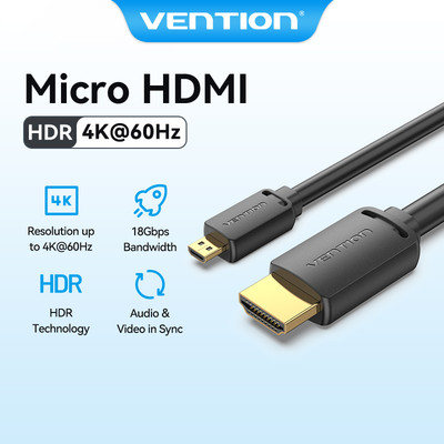 Cáp HDMI Vention Chuyển Đổi Micro HDMI Sang HDMI 4K 60HZ UHD Cho Máy Ảnh / Laptop / PS5