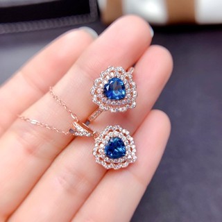 Bộ mặt dây chuyền vòng Topaz màu xanh Bộ vòng cổ trái tim đại dương kim cương