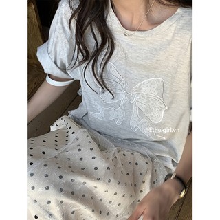 Ethelgirl Thời Trang Hàn Quốc Rời Top "Ren Nơ" Thêu Áo Thun Tay Ngắn Quần Áo Nữ