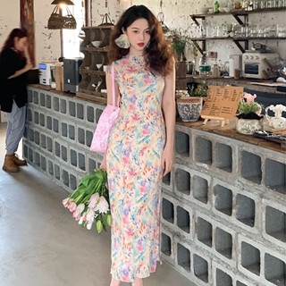 Du Lịch Pháp Kỳ Nghỉ Hoa Váy Dài Nữ Slim-fit Hẹp Eo Cao Cấp Thiết Kế Cổ Tròn Không Tay Dài Giữa In