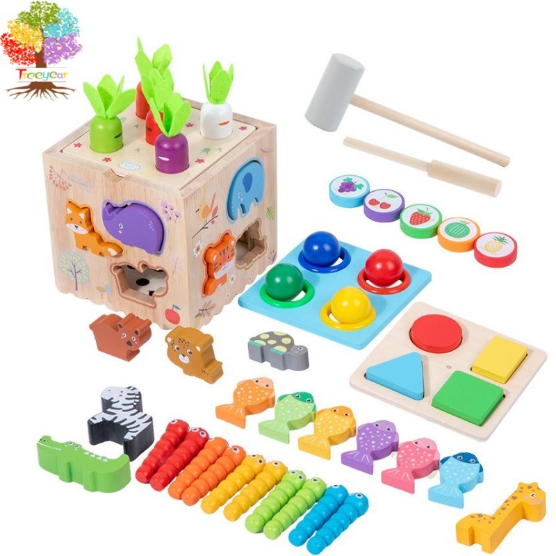 Đồ chơi Montessori cho trẻ 1 tuổi, Đồ chơi hoạt động bằng gỗ 8 trong 1 bao gồm trò chơi thu hoạch cà rốt, Đồ chơi phân loại & xếp chồng, Trò chơi câu cá từ tính, Đồ chơi học tập cho trẻ mới biết đi