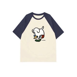 Áo thun nam ZenithRose, phong cách retro Mỹ, in hình chó con, màu sắc tương phản, dáng rộng và giản dị, áo tay áo raglan đa năng