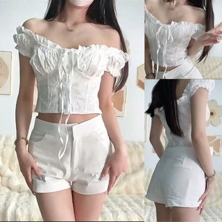 Pháp Thanh Lịch Tắt Vai Ren Lên Áo Sơ Mi Thêu Nữ Trơn Mùa Hè Tay Gợi Cảm Crop Top