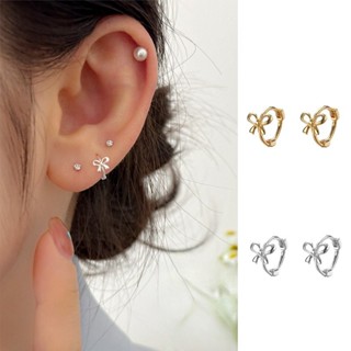 Ahellogirl Khuyên tai xỏ bạc S925 hình nơ tròn nhỏ không gây dị ứng phong cách Hàn Quốc cho nữ đeo hàng ngày