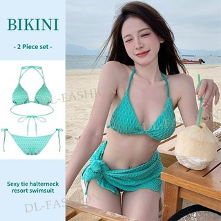 Đồ bơi nữ sọc xanh gợi cảm bikini hai mảnh bảo thủ phong cách hàn quốc đồ bơi đi học ins bikini thời trang đi biển gợi cảm