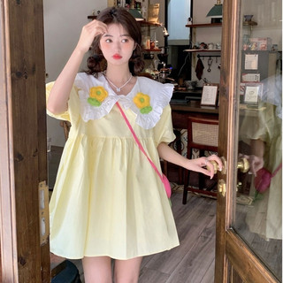 Đầm Búp Bê Tay Dài Dáng Rộng Cổ Búp Bê Họa Tiết Hoa 3d Dễ Thương