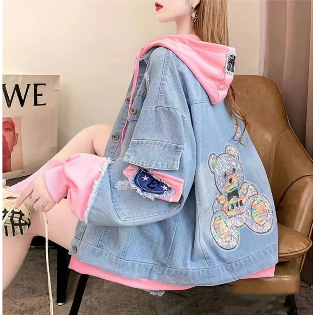 Áo Khoác denim Có Nón Trùm Giả Hai Lớp Phong Cách Hàn Quốc Cho Nữ