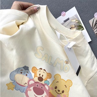 Winnie the Pooh hoạt hình hoạt hình họa tiết hoa mơ Áo thun nữ cổ tròn Áo thun đa năng mới 100% cotton