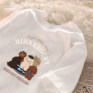 Áo thun trắng họa tiết gấu dễ thương Áo thun nữ cổ tròn mới đa năng 100% cotton