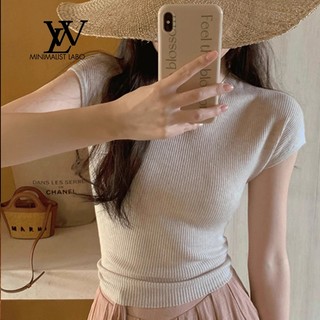 Áo thun ngắn tay dệt kim bằng lụa băng dành cho nữ Thiết kế mùa hè Áo thun cảm giác Tính khí bó sát Slim @