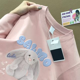 Local brand áo phông màu hồng nữ  SALMO fashion cổ tròn  100% cotton in hình  thỏ cute áo thun outerity  Y0812
