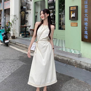 [Hàng có sẵn] Mùa hè Thiết kế phong cách mới Sense Rỗng lộ eo Dây Sling Dress Nữ buộc dây eo eo hẹp mỏng hơn