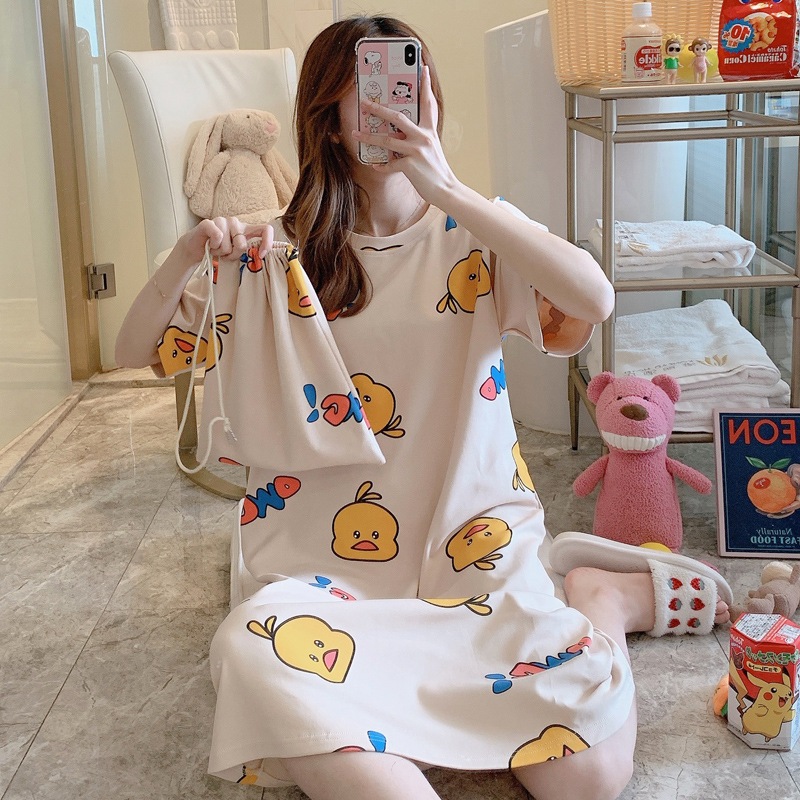 Đầm ngủ váy ngủ nữ chất thun sữa mỏng,Đồ ngủ nữ đồ mặc nhà họa tiết hoạt hình dễ thương