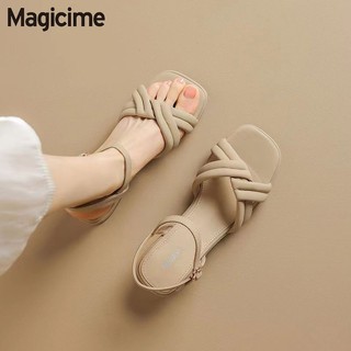 Magicime Block Gót Chân Dép Nữ Pháp 2024 Phong Cách Mới Khóa Mùa Hè