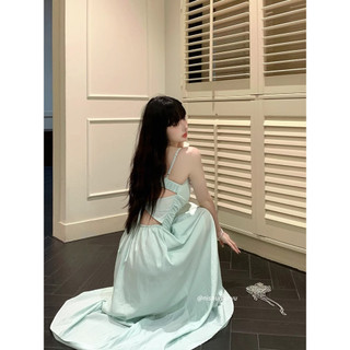 Mùa xuân mùa hè thời trang dây đầm nữ xuân hè cát xanh pháp sling váy dài