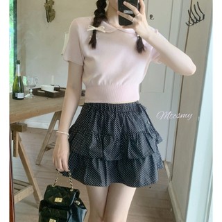 Áo thun dệt kim cổ búp bê ngắn tay cổ búp bê Hàn Quốc Xiaozhainv