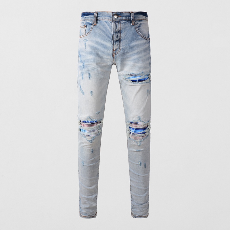 Amiri High Street Fashion Men Jeans Light Blue Slim Fit Colorful Patch Crafted Button Design Hip Hop Style Men Jeans