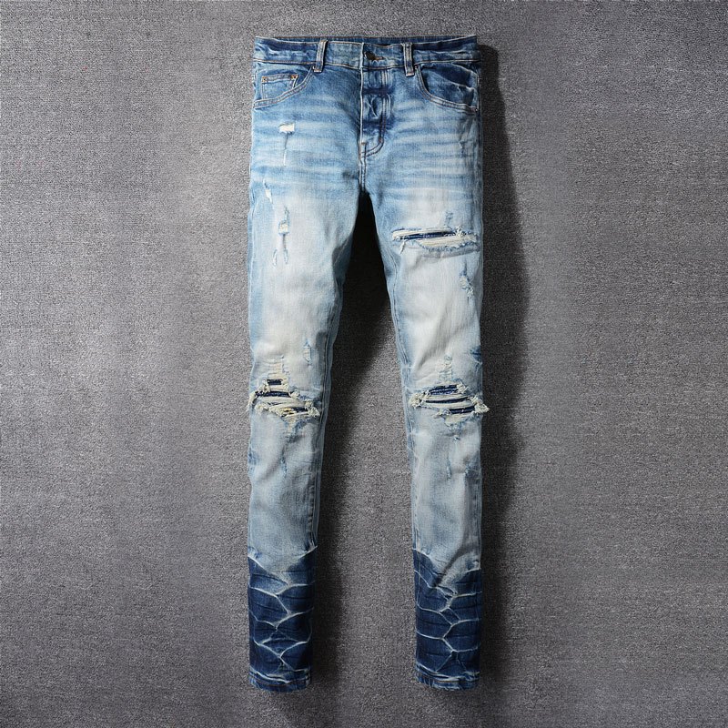 Amiri High Street Fashion Trendy Men Jeans Retro Blue Patch Craft Button Design High Quality Men Jeans
