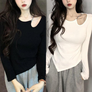 Áo Thun Nữ Tay Dài Cổ Tròn Dây Xích Xác Định Eo Không Điều Chỉnh Mùa Xuân Phong Cách Mới Áo Thường Ngày