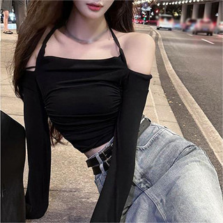 Áo thun nữ Dây cổ dài tay lệch vai Màu trơn mùa xuân Phong cách mới Slim Áo tăng ngắn