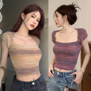 Áo thun nữ cổ vuông cổ điển sọc tay ngắn