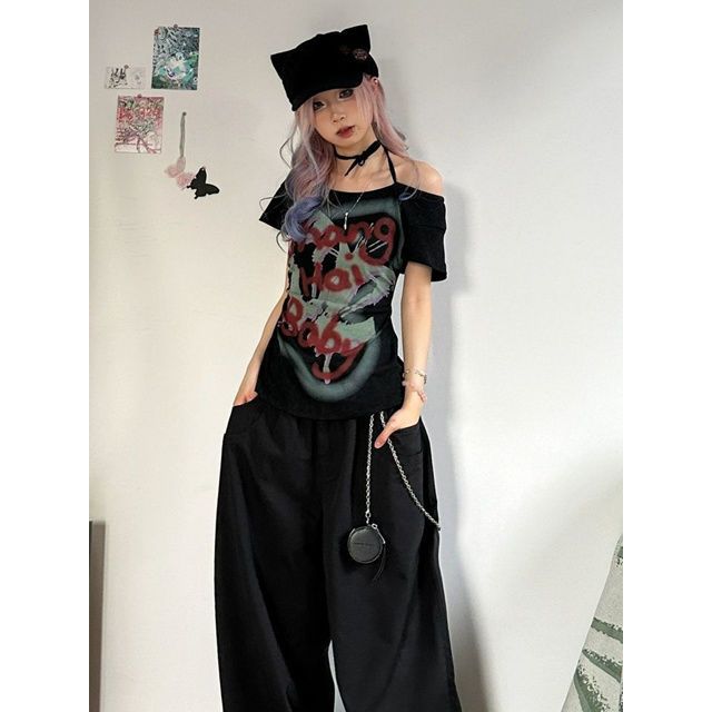 Phong Cách Retro Hot Girl Một Vai Đau Khổ In Hình Áo Thun Nữ Mùa Hè ins Niche Slim