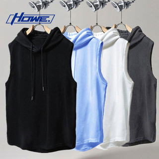 Howe. Áo vest cho nam giới Màu trơn, có mũ trùm đầu, không tay phong cách thể thao Thơi trang han quôc Kích thước M-3XL