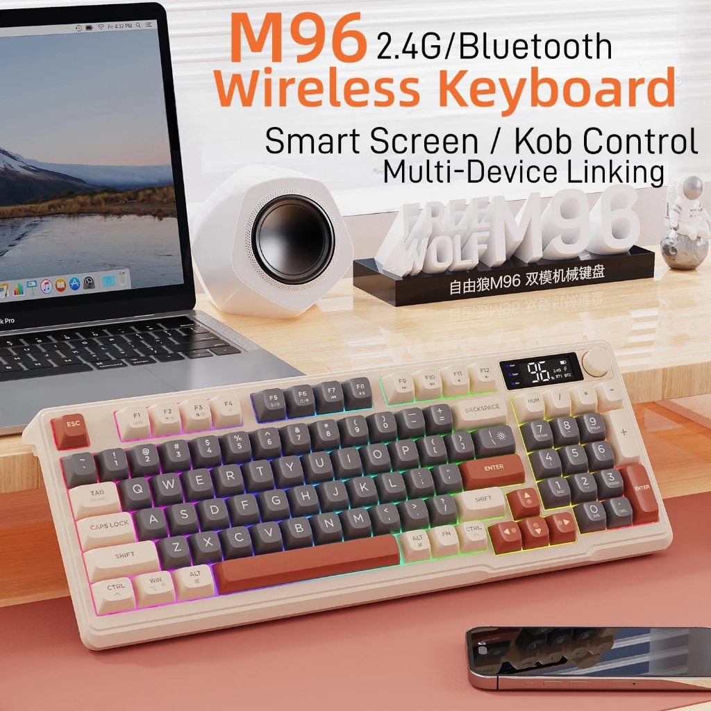 Bàn phím RGB không dây ZIYOULANG M96 2.4G & Bluetooth Chế độ kép Hiển thị pin Núm điều khiển cho PC 