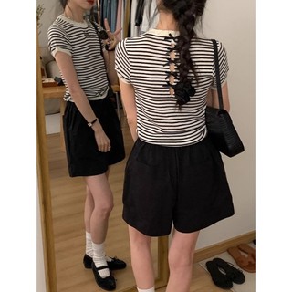 NUZIRO Áo thun dệt kim cổ tròn cổ tròn Hàn Quốc có nơ và dây đeo lưng áo thun ngắn tay sọc dành cho nữ