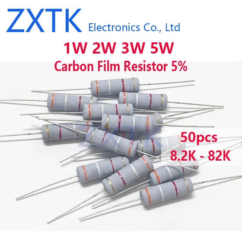 Bộ 50 Điện Trở Màng Carbon 5% Ohm 1W 2W 3W 5W 8.2K-82K 9.1K 10K 12K 15K 18K 20K 22K 24K 27K 30K 33K 