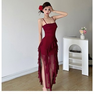 Klalien Mùa Hè Nữ Vintage Rượu Vang Đỏ Treo Đầm Với Ruffle Edge Chia Slim Dress