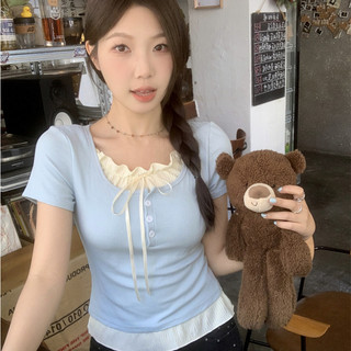 QADCOL Áo thun ngắn tay giả hai màu xanh là vai nữ mùa hè với áo sơ mi đế khoe áo sơ mi tấm chắn thịt mỏng 20240425