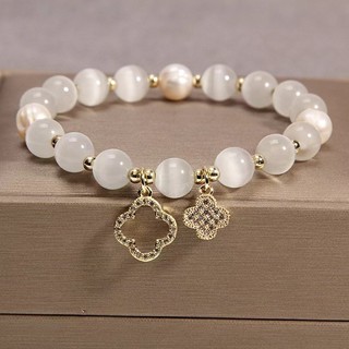 6cm Cổ Điển Cỏ Ba Lá Kim Cương Đính Hạt Vòng Tay May Mắn Thời Trang Mắt Mèo Mới Vòng Tay Đá Tự Nhiên