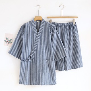 Bộ đồ ngủ Kimono ngắn tay phong cách Nhật Bản Bộ đồ ngủ nam Cotton nguyên chất giặt thường ngày rộng rãi Bộ đồ Kimono mùa hè phong cách mỏng Quần Short ngắn tay hấp mồ hôi